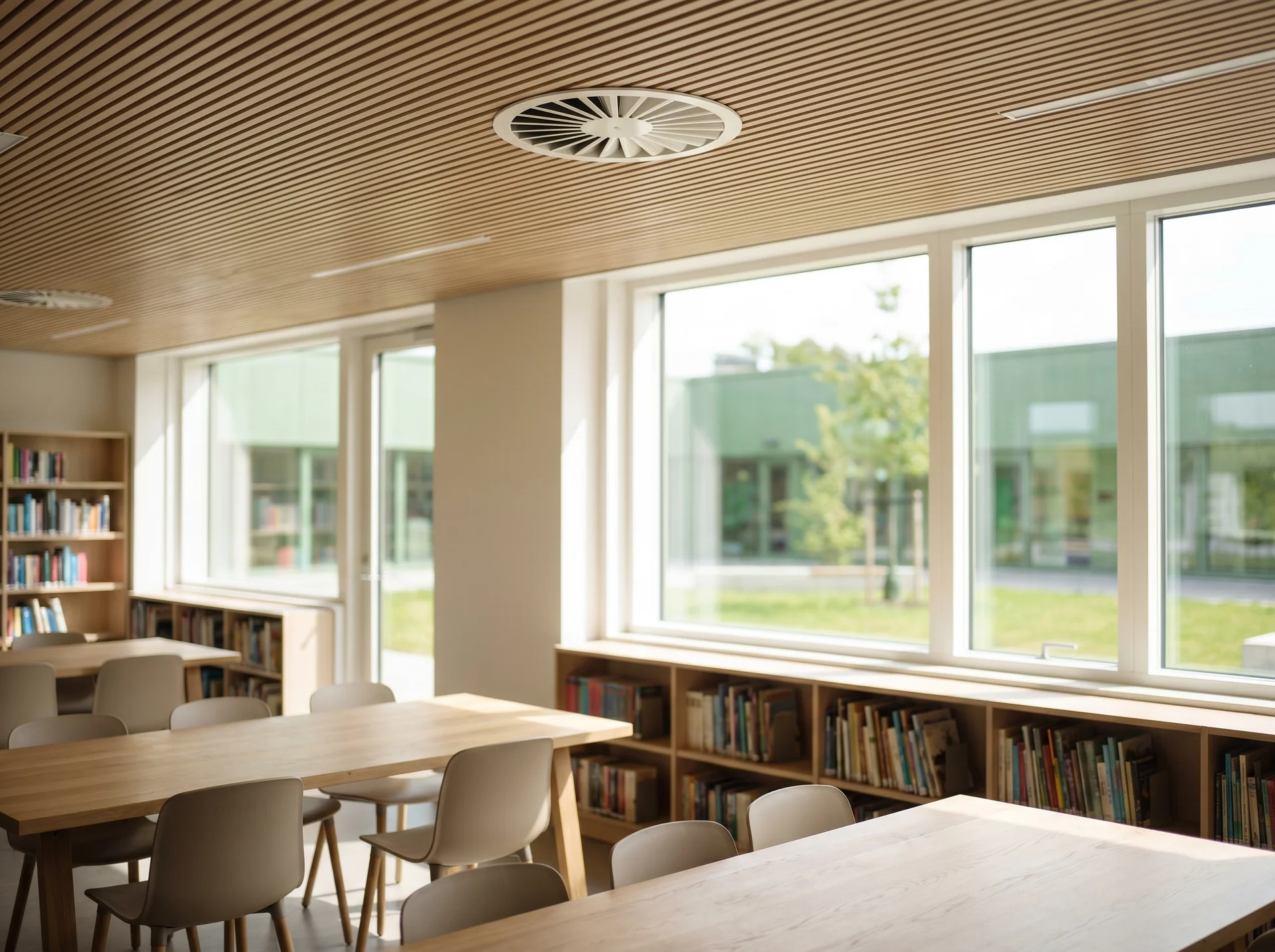 Ljust modernt biblioteksrum med trätak, bokhyllor och stora fönster.