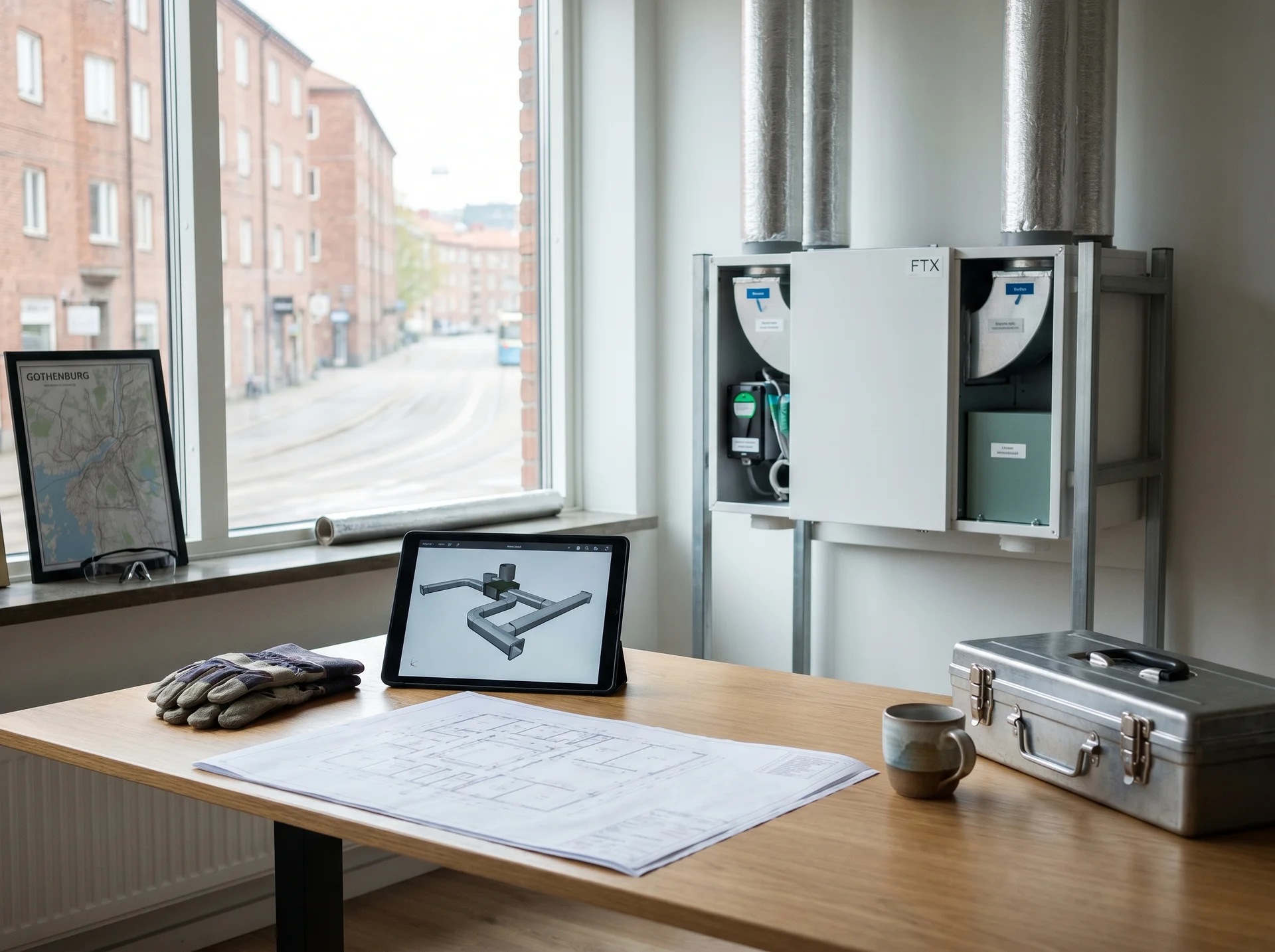 En arbetsplats med ritningar, surfplatta och ett FTX-ventilationsaggregat.