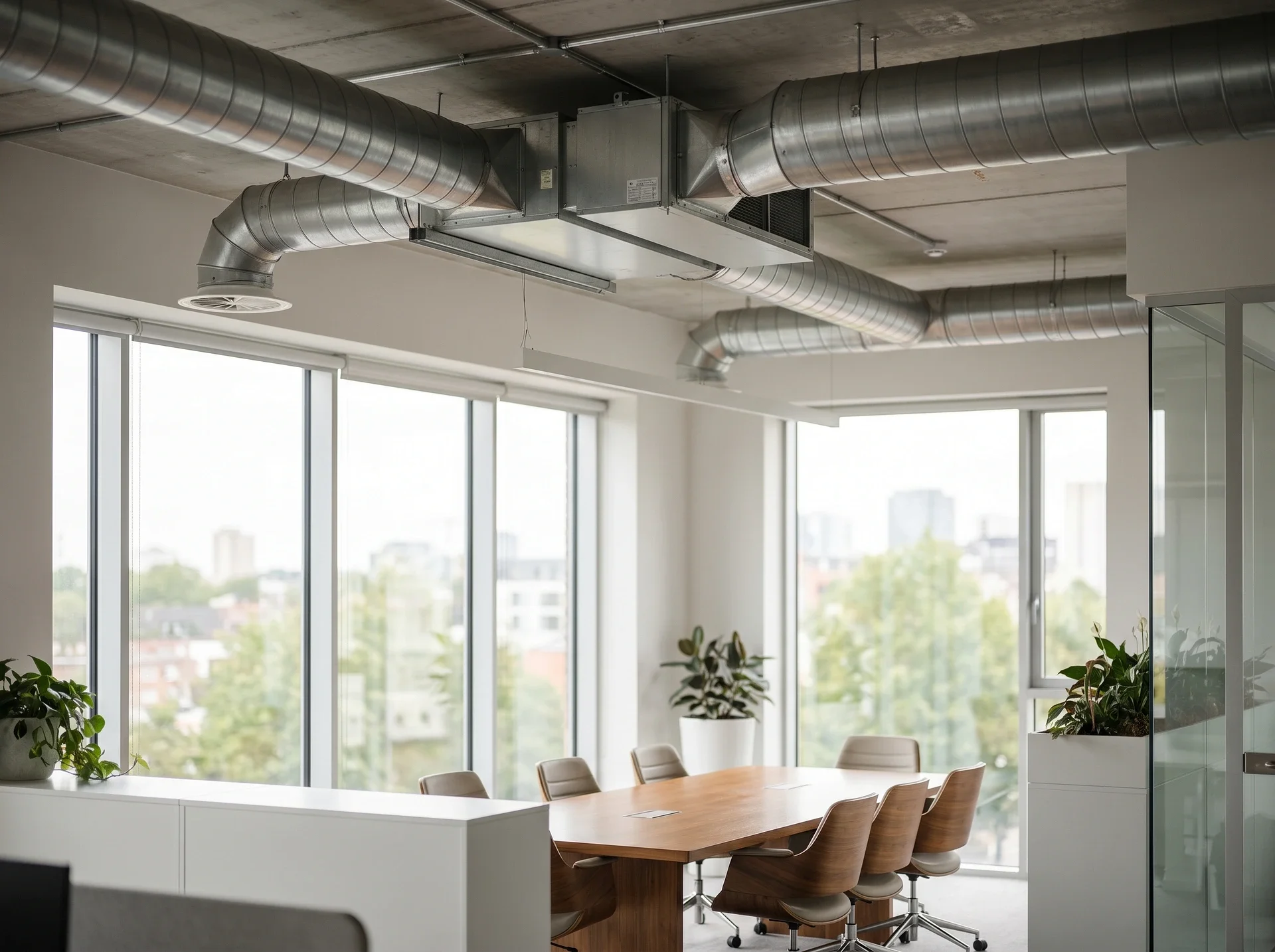 Modernt konferensrum med exponerade ventilationsrör och stadsutsikt genom fönster.