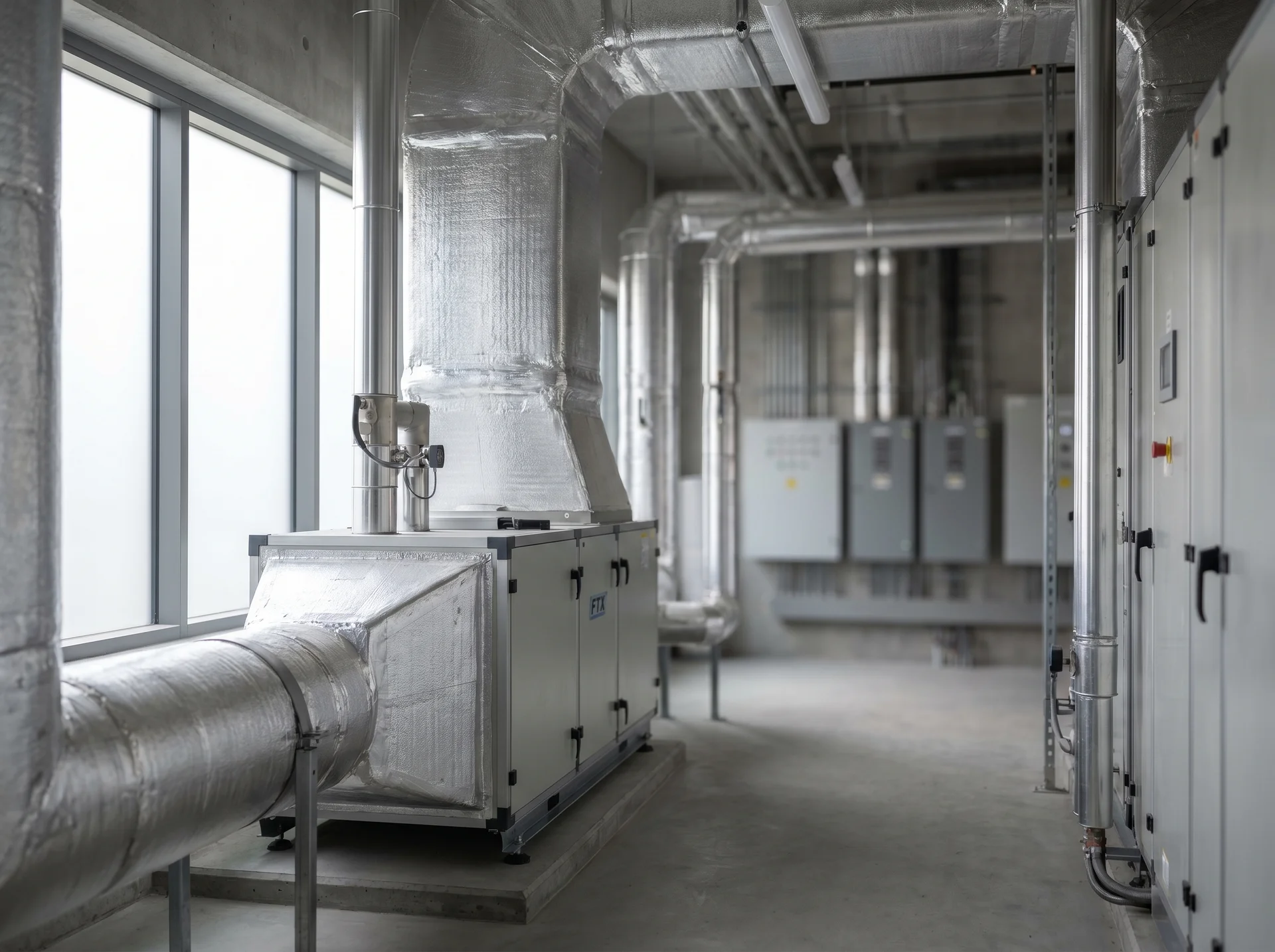 Mekaniskt ventilationsrum med isolerade luftkanaler och elektriska kontrollskåp.