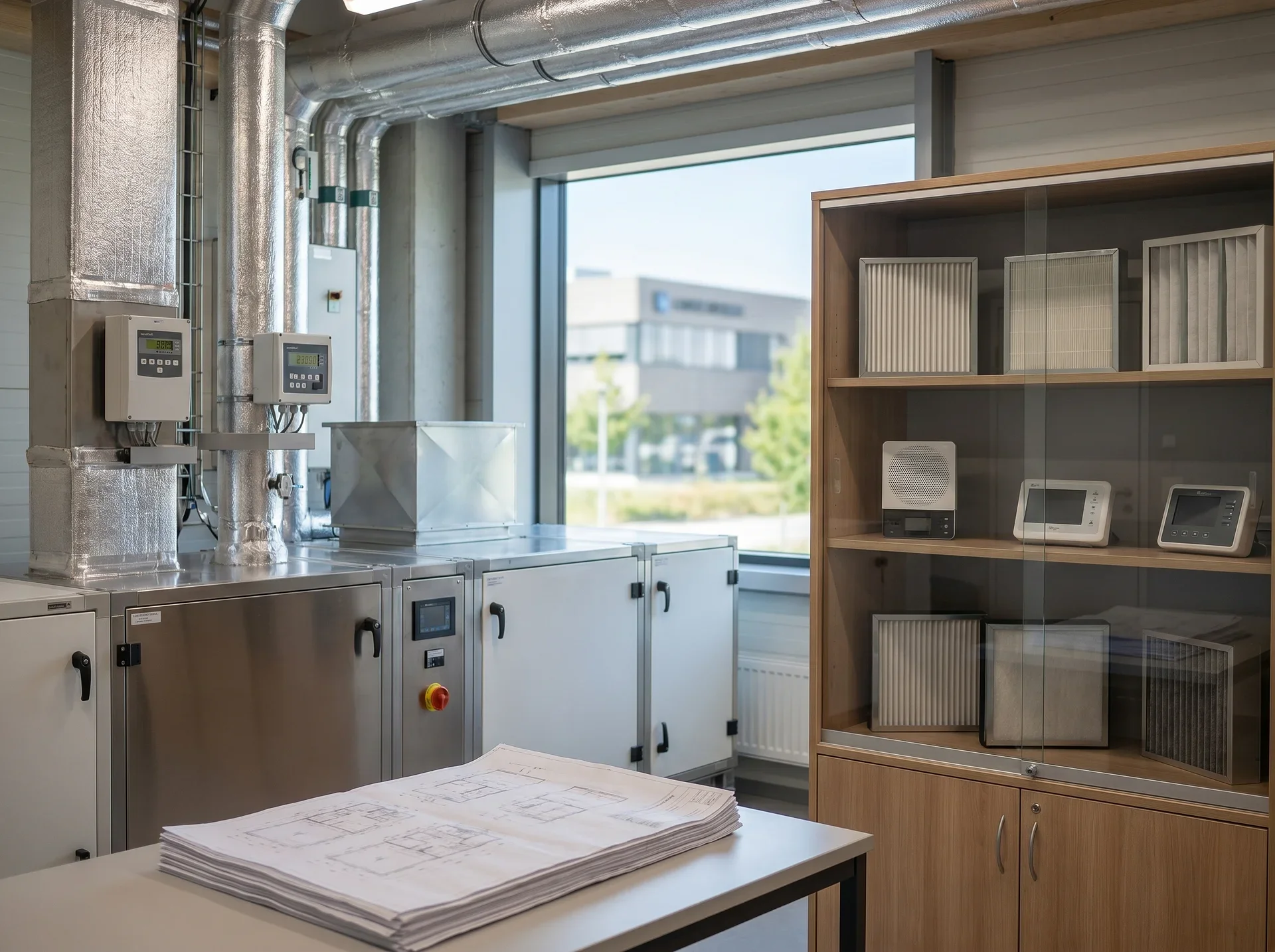 Laboratoriemiljö med ventilationsutrustning, luftfilter och tekniska ritningar på bord.