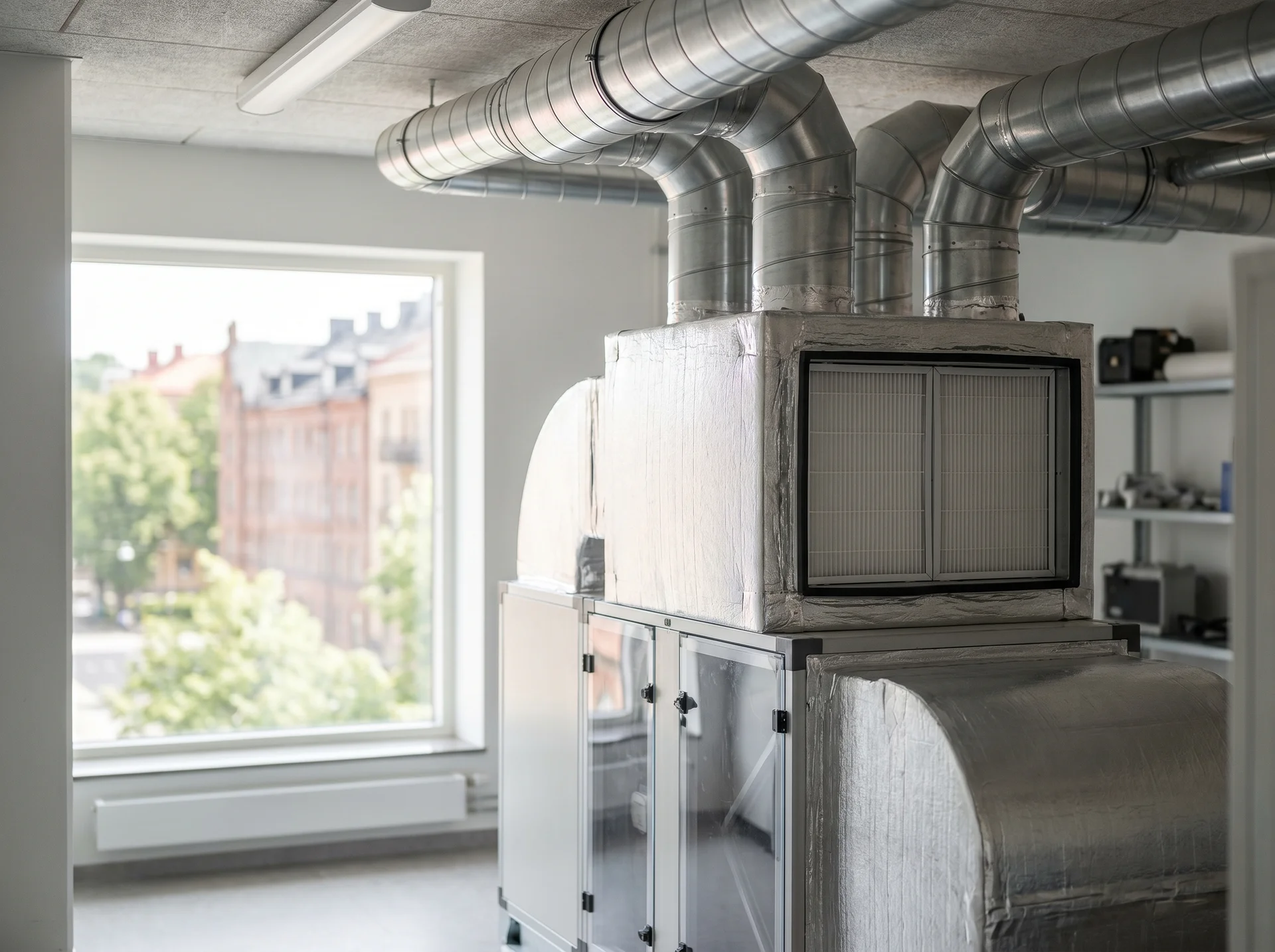 Ventilationsaggregat med silverfärgade rör och filter i en teknisk lokal.